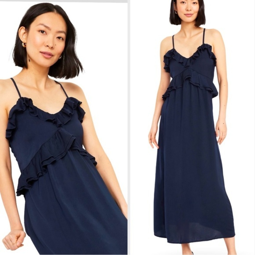 NWTS💓THE OCCASION LG💓ELITE LINE DEEP NAVY SATIN RUFFLED SLEEVELESS MAXI DRESS